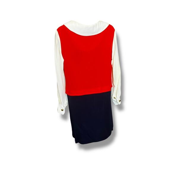 Vintage Mod Red White Blue Dress w/ Peter Pan Collar & Bronze Buttons - Picture 6 of 12
